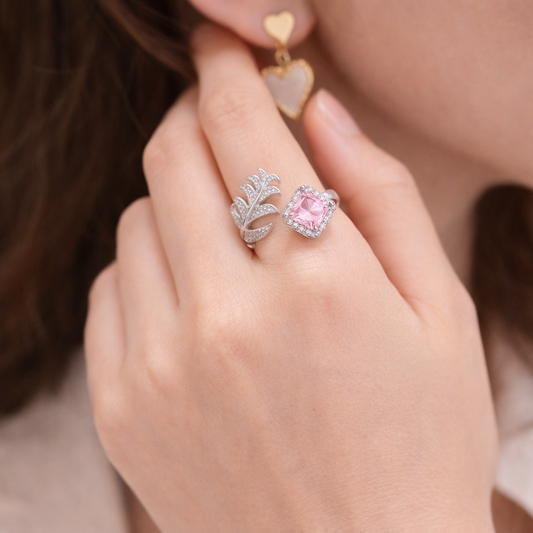 Elegant Leaf & Cushion Adjustable Ring – Stylish Crystal Fashion Ring for Women