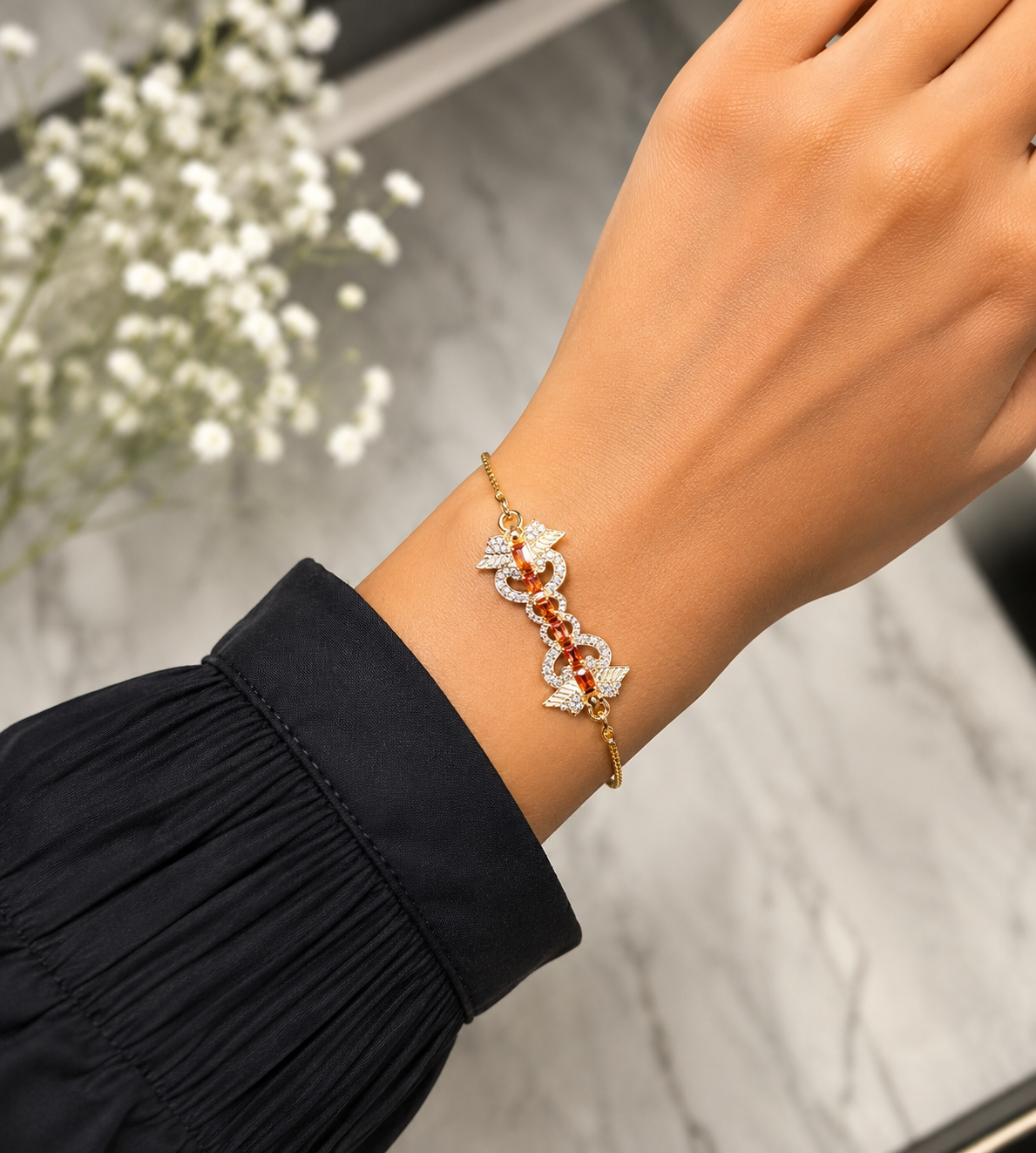 Adjustable Elegant White Brown Bracelet flat lay