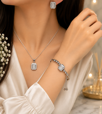 Stainless Steel Pendant with Adjustable Bracelet and Earrings Set — Elegant Silver Jewellery for Women
