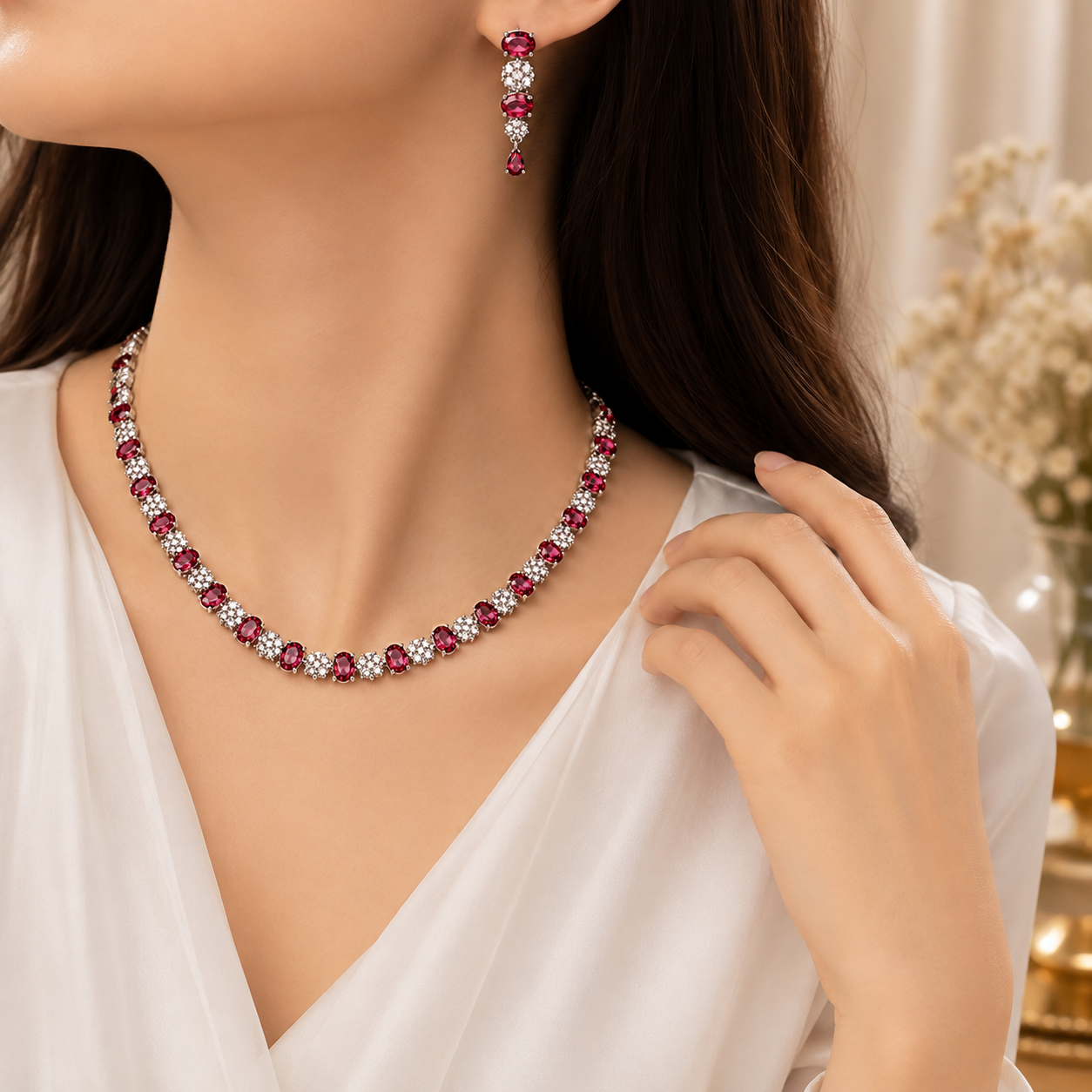 Elegant Ruby Red Diamond Cut Necklace Earrings Set flat lay display