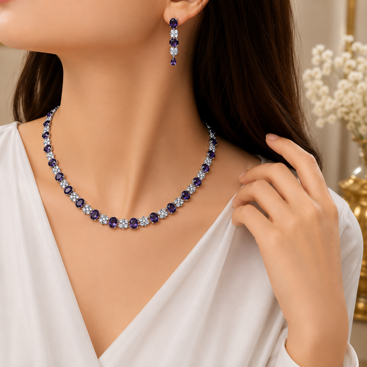 Elegant Purple White Diamond Cut Necklace Earrings Set flat lay display