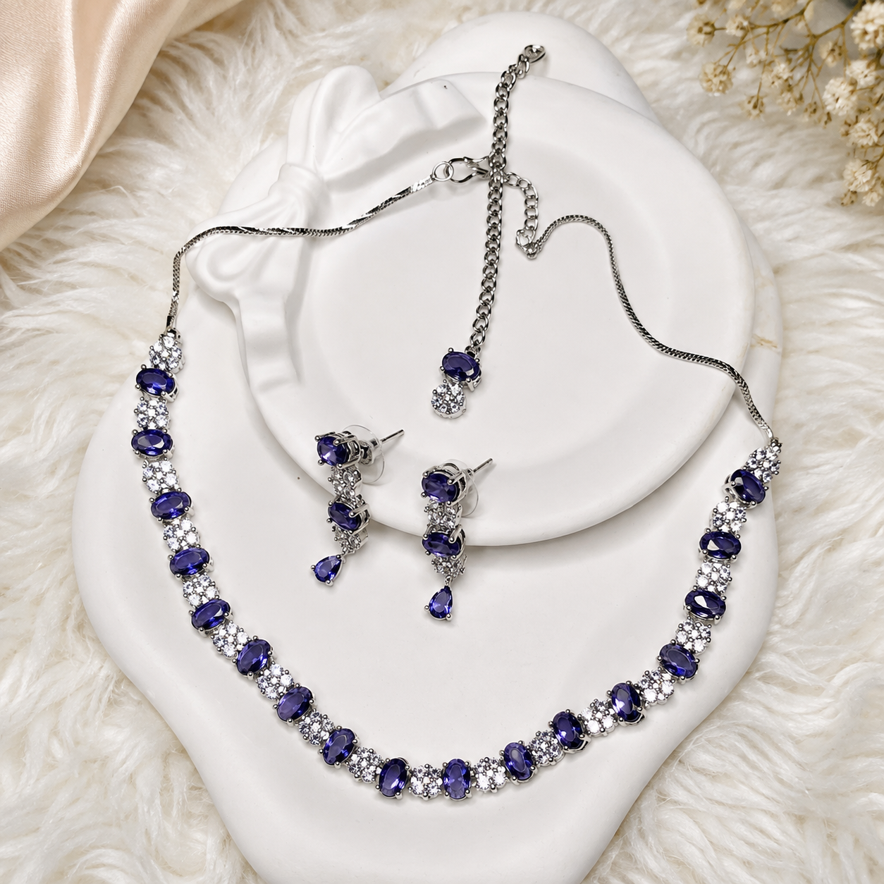 Elegant Purple White Diamond Cut Necklace Earrings Set worn by model