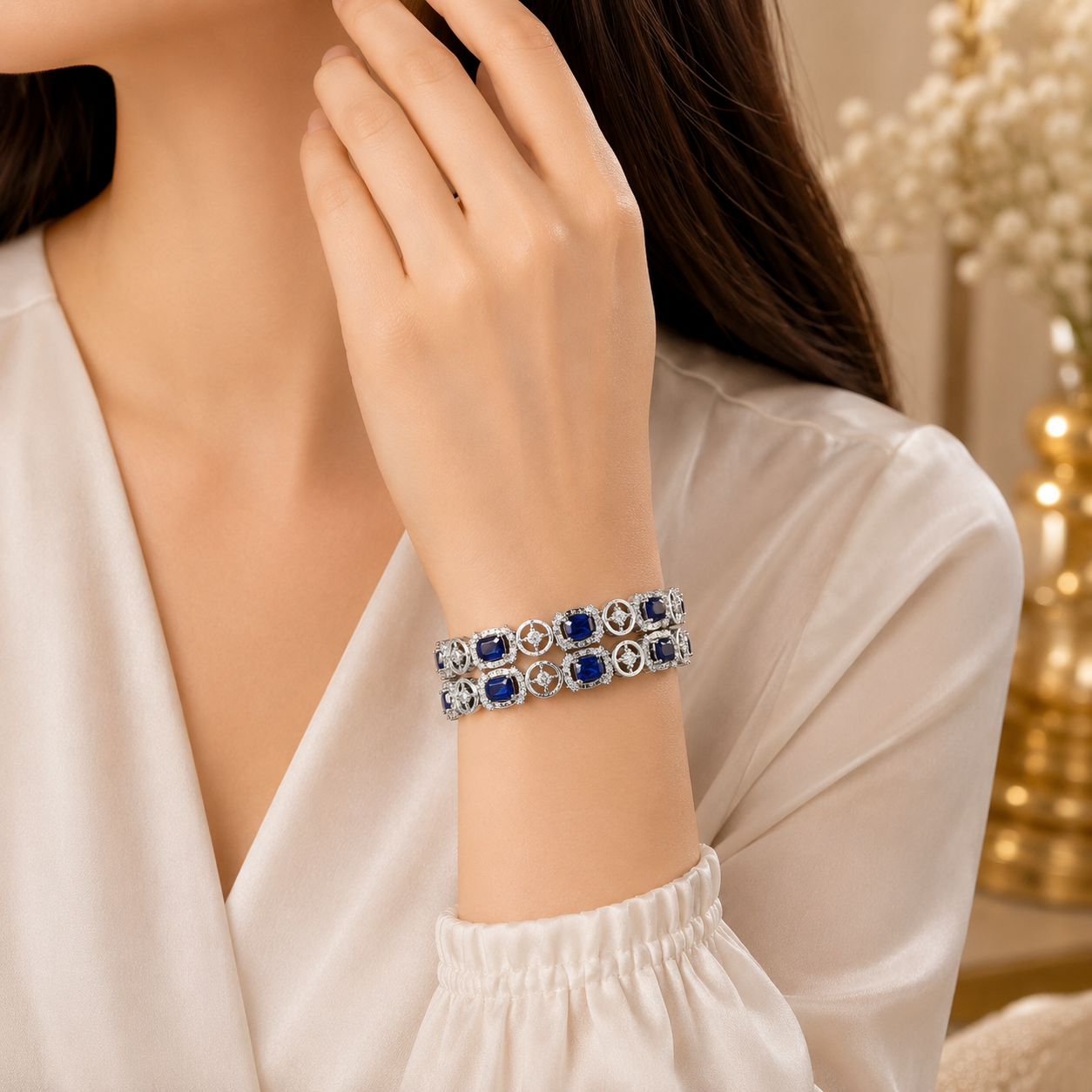 Diamond Cut Royal Blue Sapphire Bangles Size 2.8 worn by model