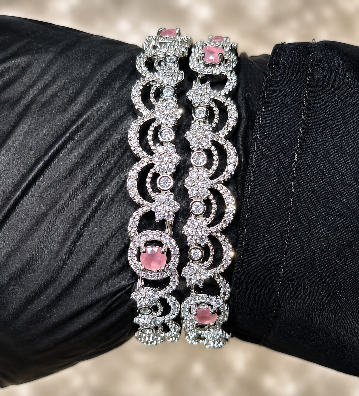 Elegant Diamond Cut Pink Rose Stone Bangles Size 2.8 worn by model