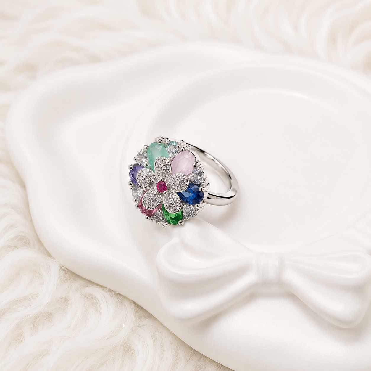 Elegant Style Green & Pink Stone Diamond Cut Ring – Premium Stylish Jewelry for Women