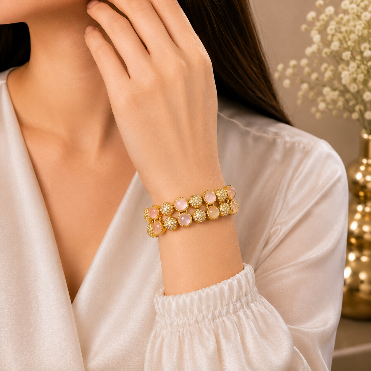 Beautiful 1 Carat Gold Pink Opal Bangles close up detail