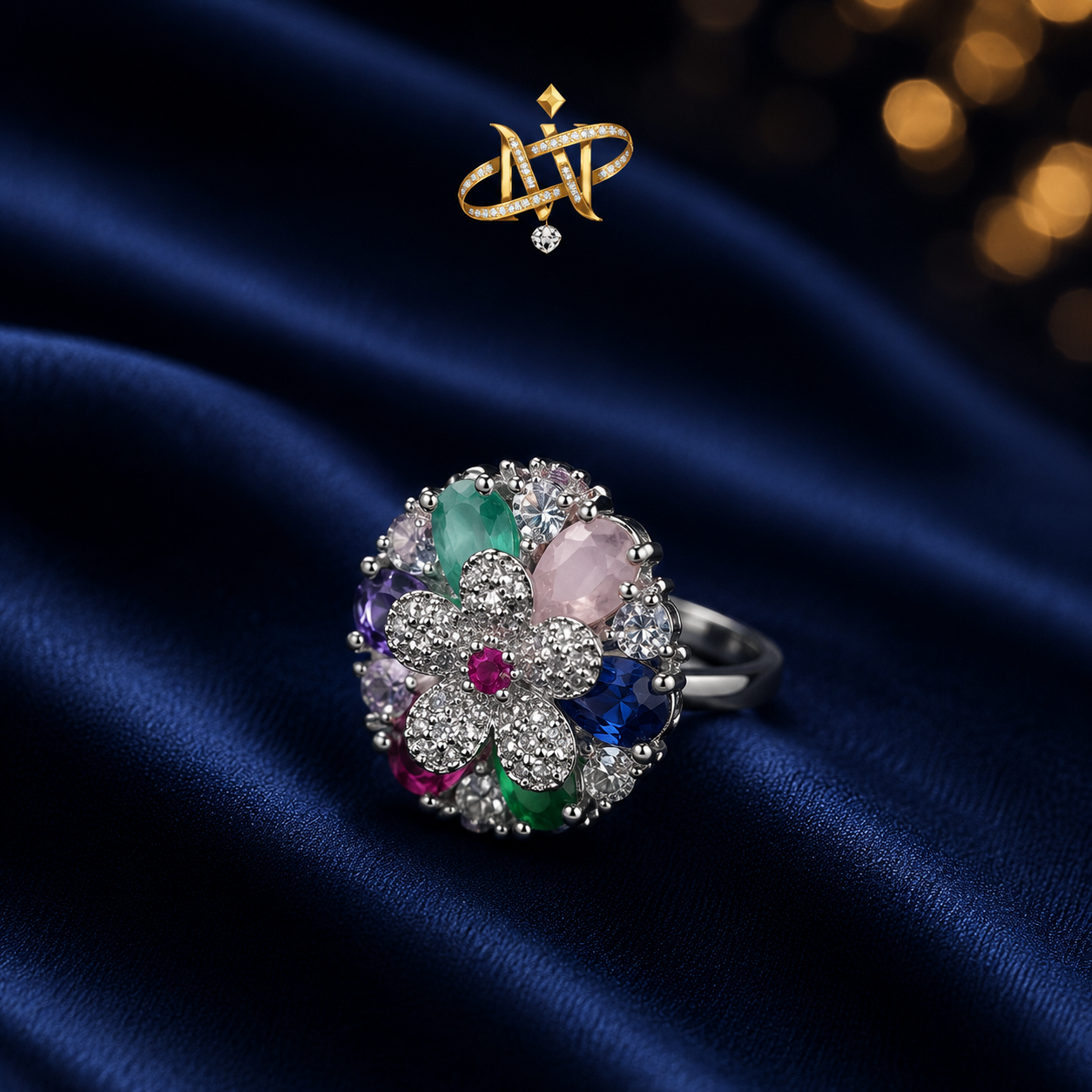 Elegant Style Green & Pink Stone Diamond Cut Ring – Premium Stylish Jewelry for Women