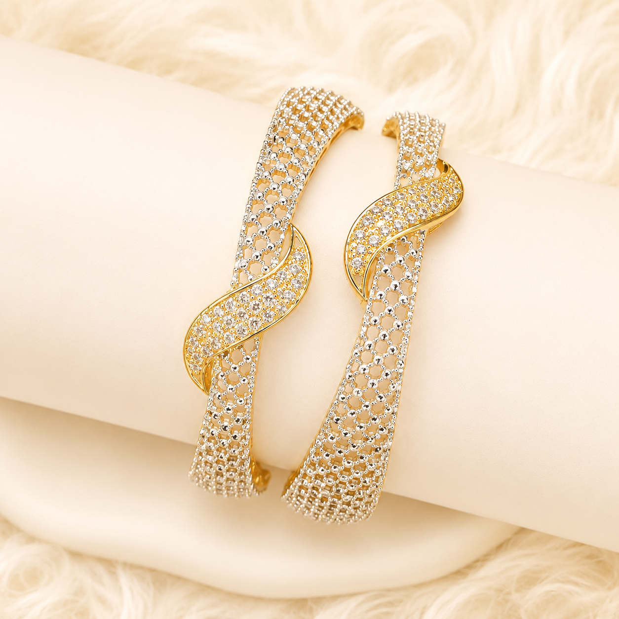 White & Gold Diamond Cut Kara – Elegant Premium Bangle for Women