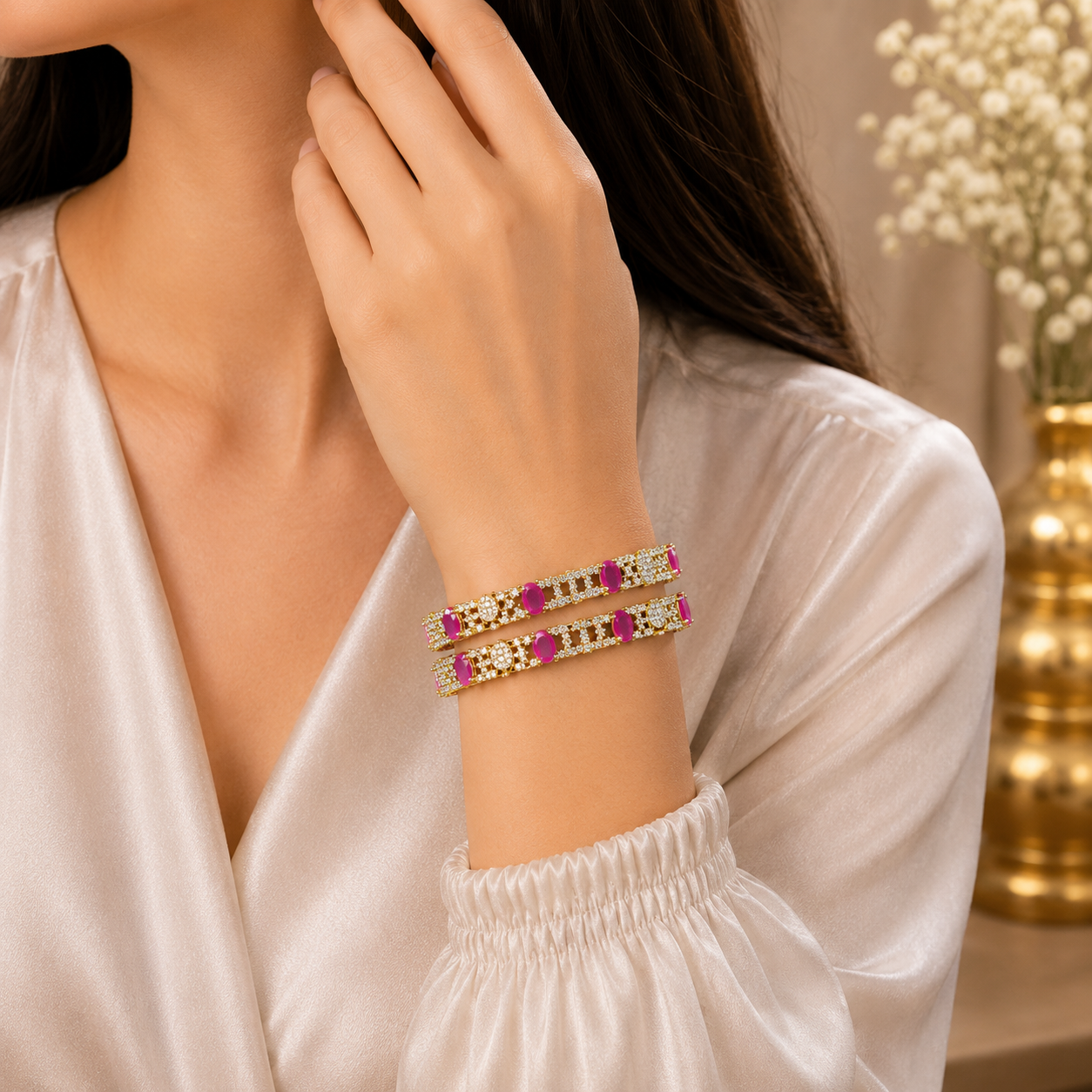 Beautiful 1 Carat Ruby Pink Gold Bangles Size 2.6 close up detail