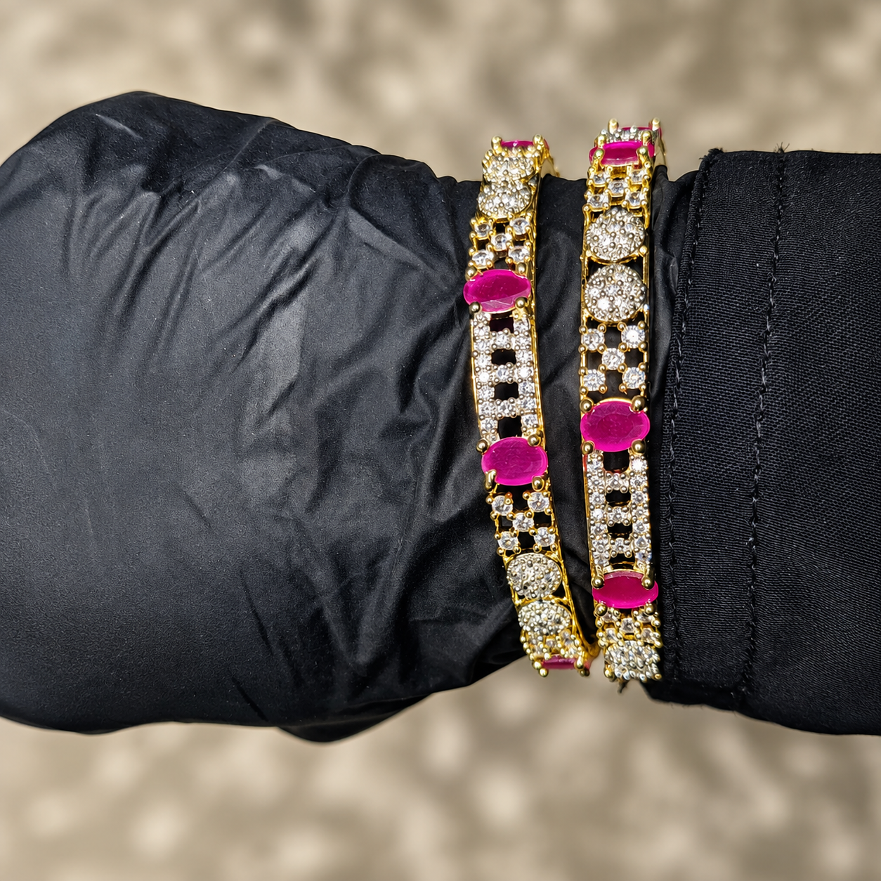 Beautiful 1 Carat Ruby Pink Gold Bangles Size 2.6 worn by model