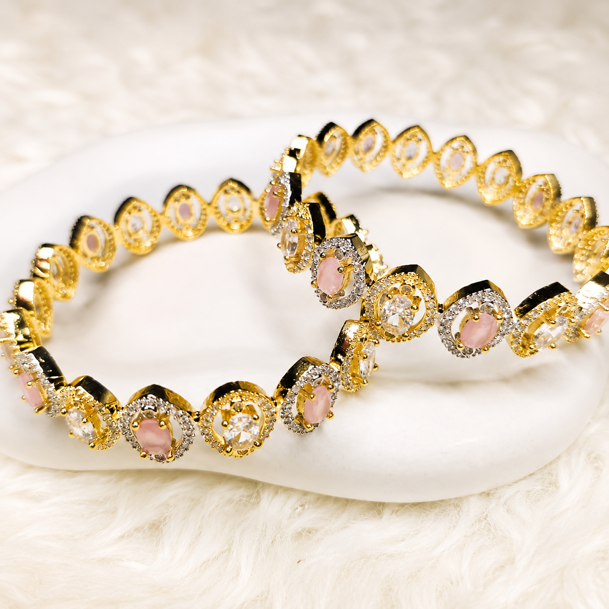 White & Pink Diamond Cut Bangles – Elegant Premium Stylish Jewelry for Women
