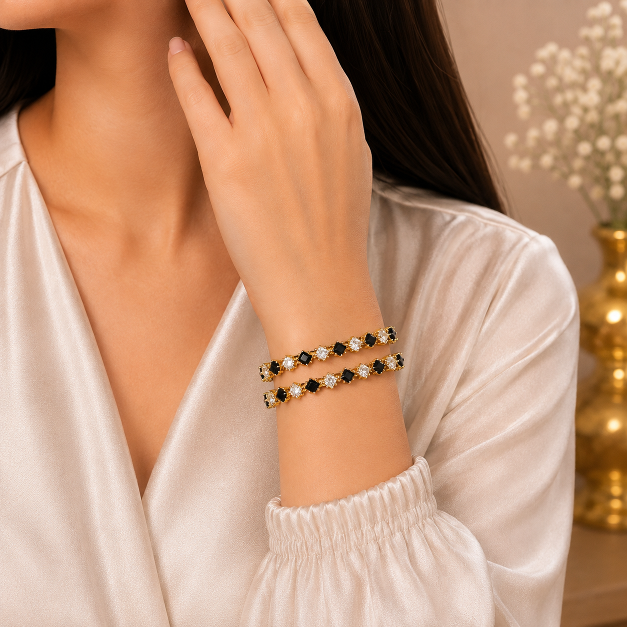 Adjustable Viral Black White Diamond Cut Gold Bracelet Bangles close up detail