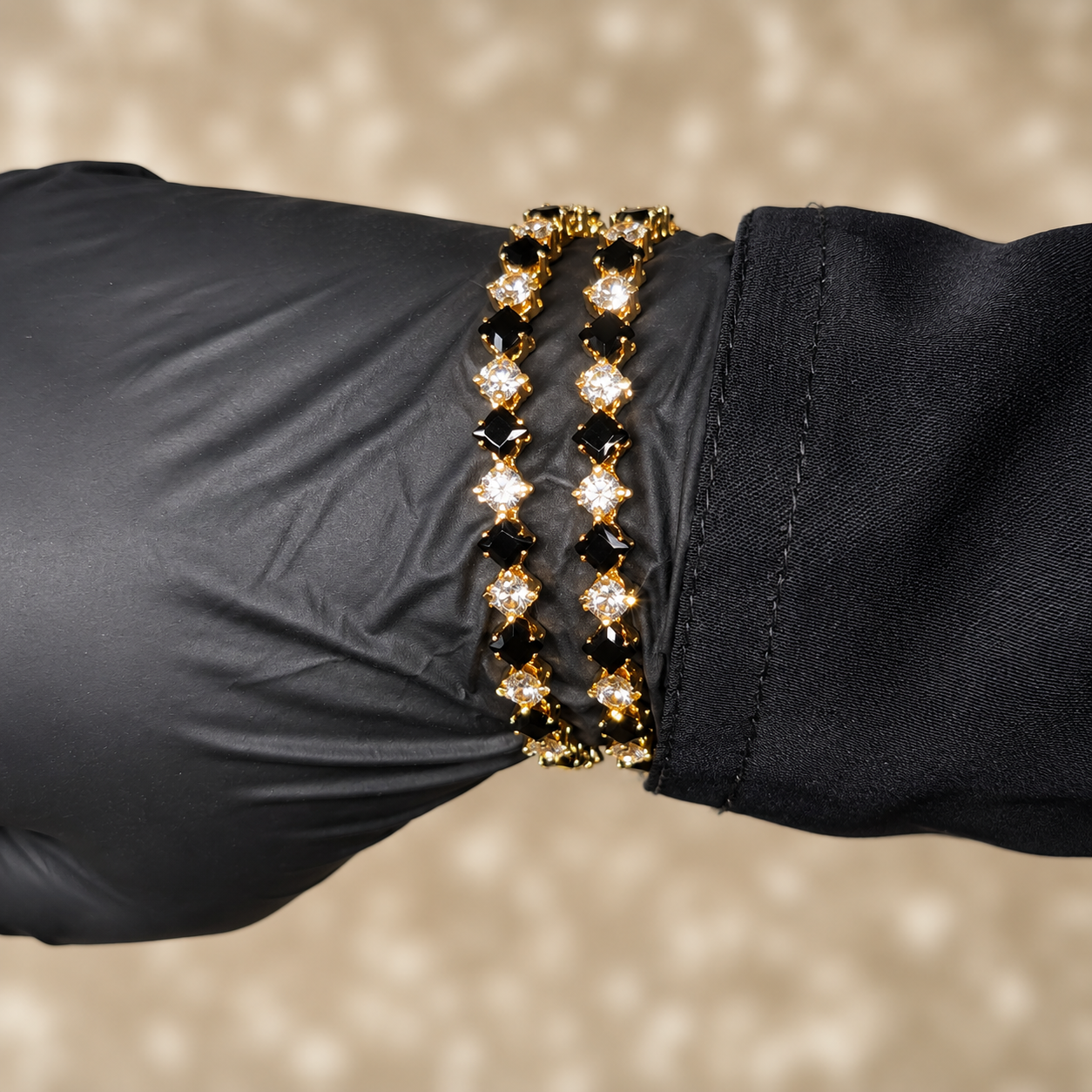 Adjustable Viral Black White Diamond Cut Gold Bracelet Bangles worn by model
