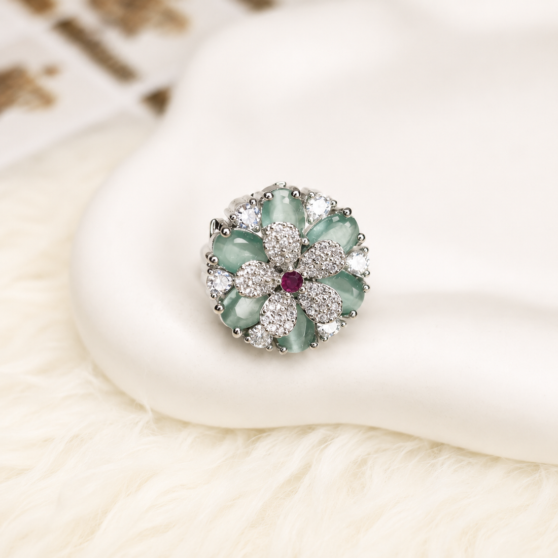 Elegant Style Green & Pink Stone Diamond Cut Ring – Premium Stylish Jewelry for Women