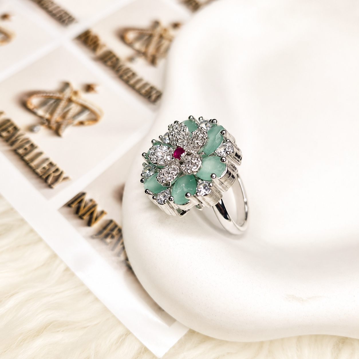 Elegant Style Green & Pink Stone Diamond Cut Ring – Premium Stylish Jewelry for Women