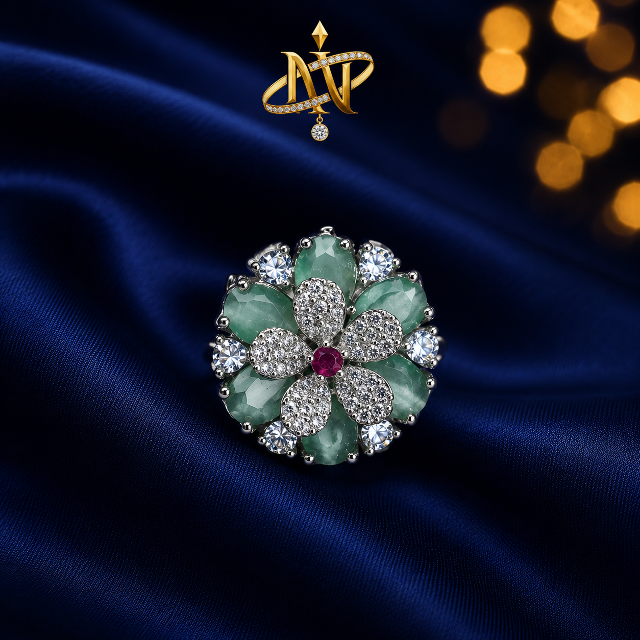 Green & Pink Stone Diamond Cut Ring - NN Jeweller