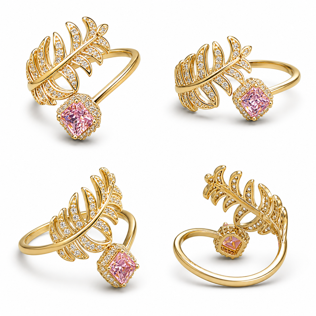 Elegant Leaf & Cushion Adjustable Ring – Stylish Crystal Fashion Ring for Women