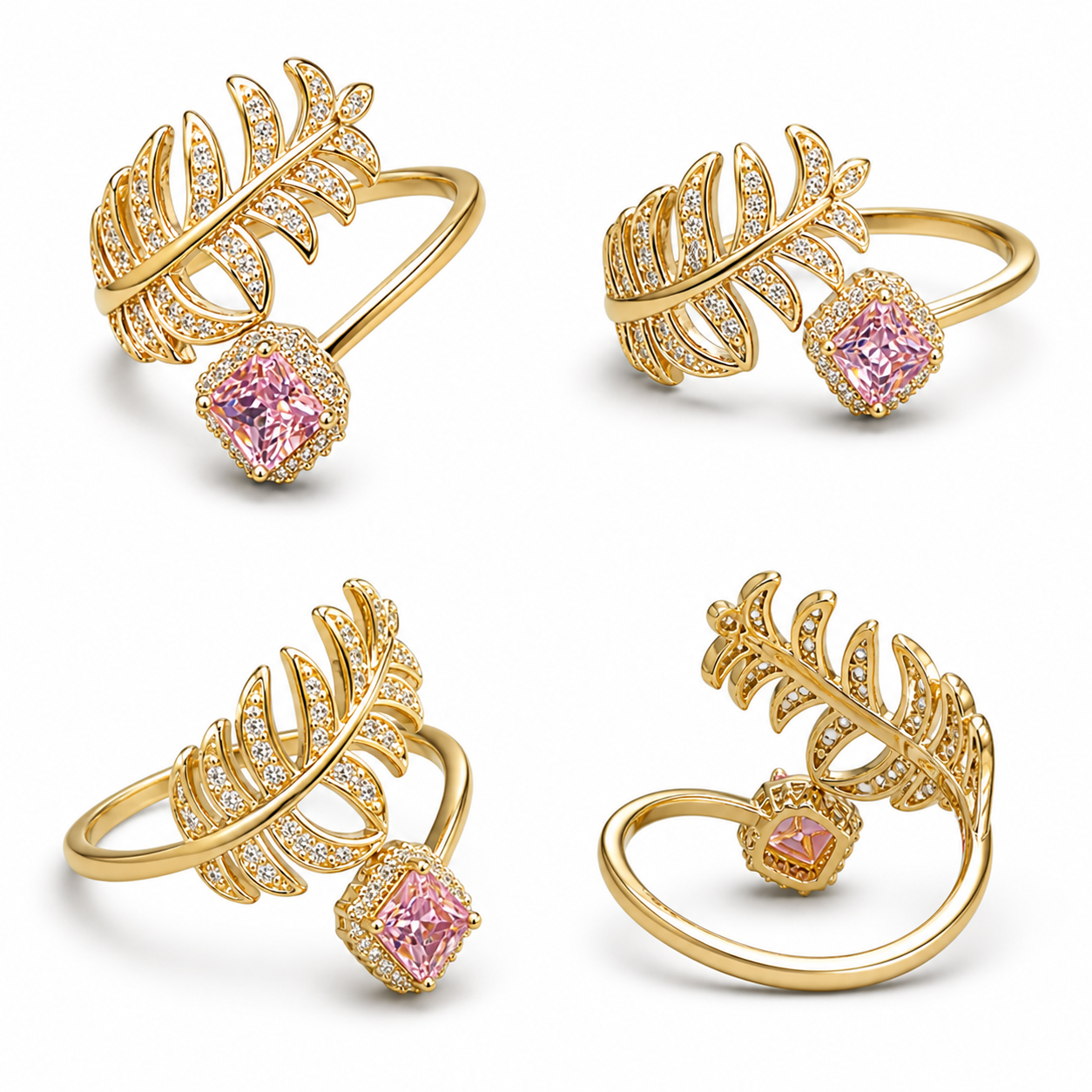 Elegant Leaf & Cushion Adjustable Ring – Stylish Crystal Fashion Ring for Women