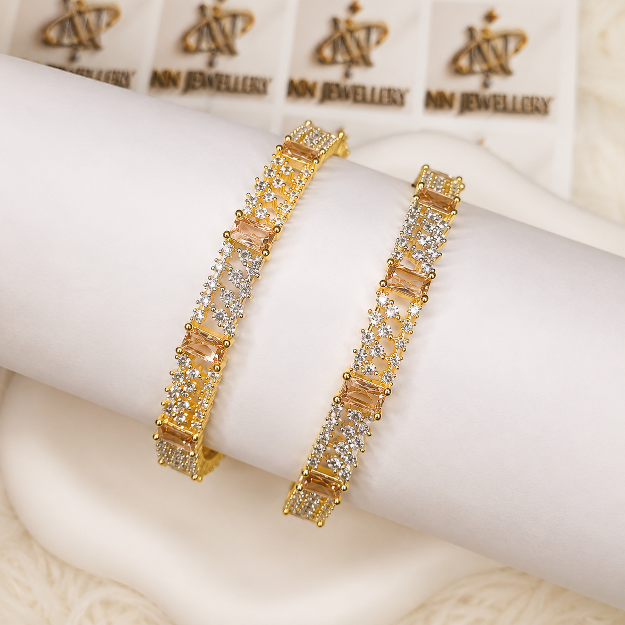 Beautiful Diamond Cut White & Champagne Bangles – Elegant Premium Jewelry for Women