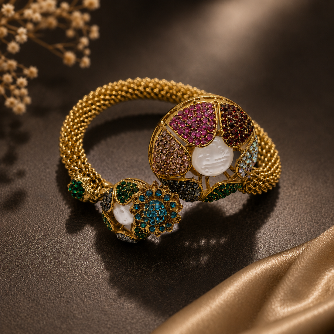 Turkish Adjustable Bracelet – Multi Stone Gold Mesh