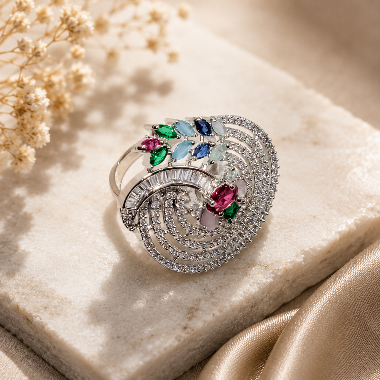 1 Carat Zircon Ring – Multi Color Spiral Design