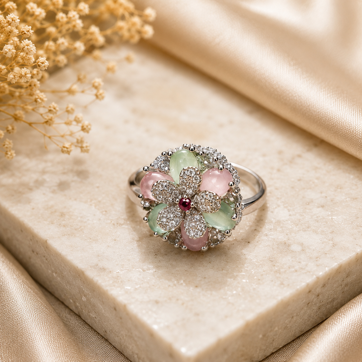 Elegant Style Green & Pink Stone Diamond Cut Ring – Premium Stylish Jewelry for Women