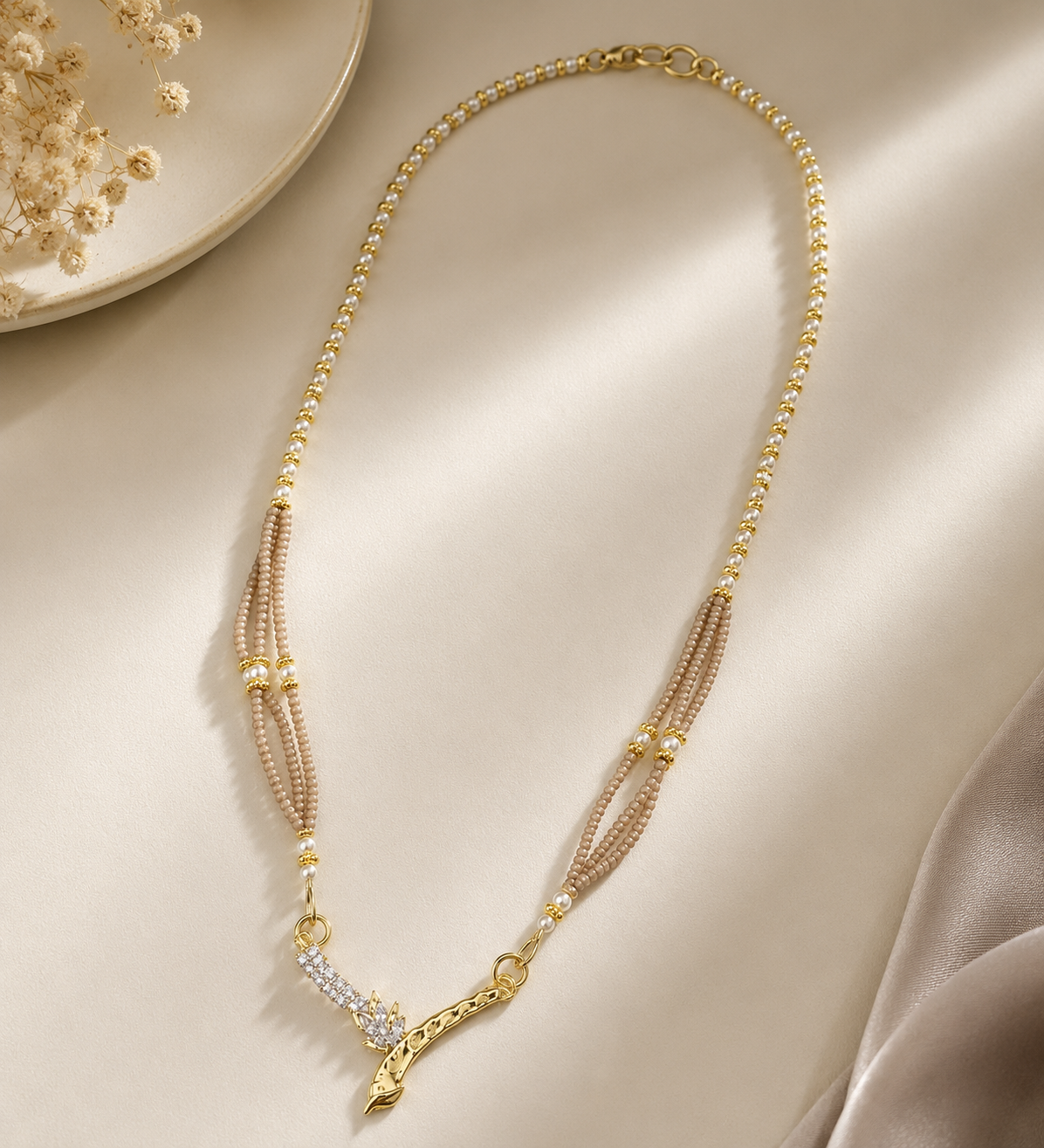 Brown and White Stone Pendant Mala – Elegant Beaded Necklace for Women